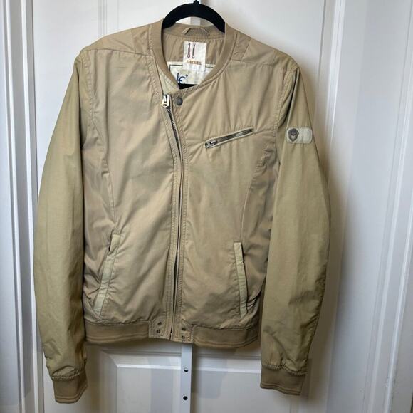 Diesel Vintage Bomber Jacket Lightweight Khaki Tan Pig Leather Trim Men’s Medium - Picture 1 of 15